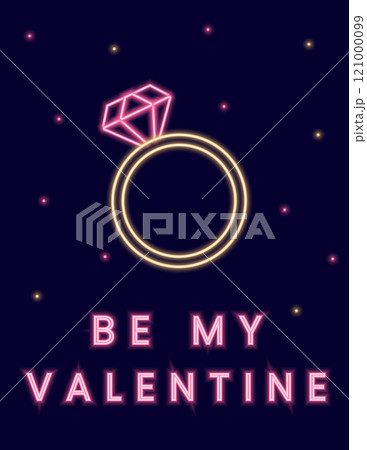 Neon illustration with a ring, hearts and the inscription Be my Valentine. Poster on the theme of Valentine's Day. Vector illustration in pink and yellow color scheme on a dark background. Neon illustration with a ring, hearts and the inscription Be my Valentine. Poster on the theme of Valentine's Day. Vector illustration in pink and yellow color scheme on a dark background. 121000099