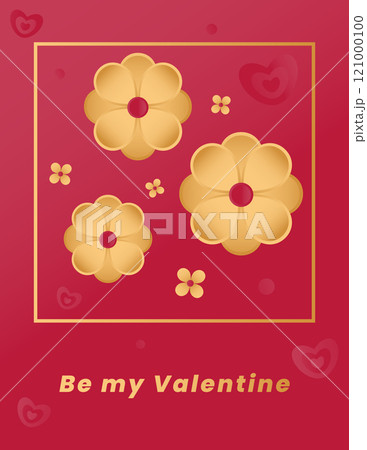 Background with romantic Valentine's Day symbols: hearts, flowers and the inscription Be my Valentine. Vector illustration in flat style. Bright red and gold colors are perfect for festive decoration. Background with romantic Valentine's Day symbols: hearts, flowers and the inscription Be my Valentine. Vector illustration in flat style. Bright red and gold colors are perfect for festive decoration. 121000100