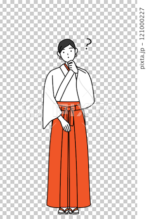 疑問を持って首をかしげる神社の巫女、白衣と緋袴 121000227