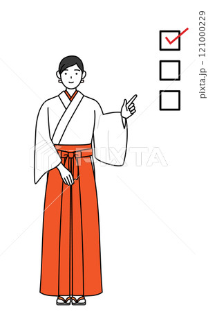 チェックリストを指さす神社の巫女、白衣と緋袴 121000229