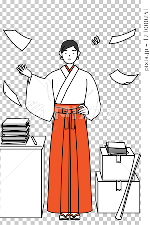 身穿白色外套、穿著猩紅色袴,對未完成的事感到厭倦的巫女。 身穿白色外套、穿著猩紅色袴,對未完成的事感到厭倦的巫女。 121000251