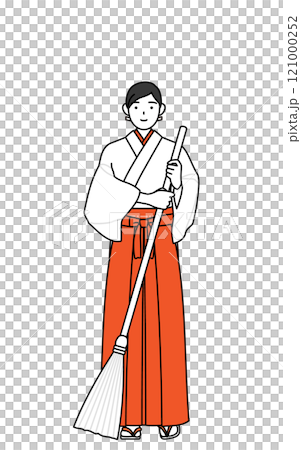 ほうきで掃除する神社の巫女、白衣と緋袴 121000252