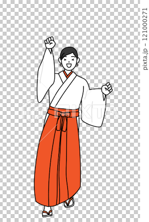 軽やかに喜んでジャンプする神社の巫女、白衣と緋袴 121000271