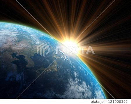 地球　正月　謹賀新年　日の出　太陽　日本中心 121000395