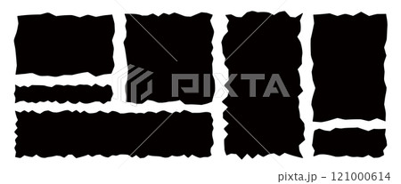 ギザギザしたラフな縁取りの四角・長方形。破れたボロボロの紙のようなフレームセット。グランジやビンテー 121000614