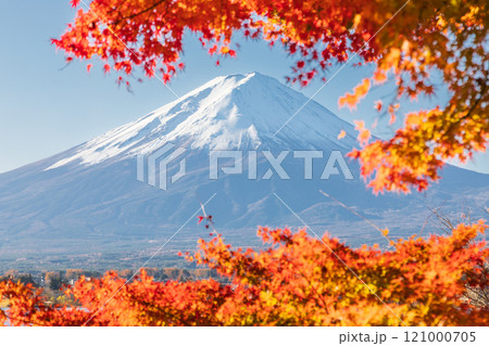 「山梨県」紅葉の河口湖と富士山・秋 121000705