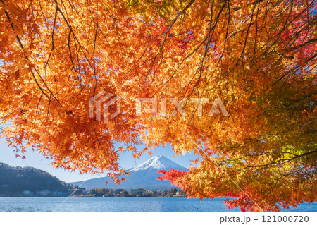 「山梨県」紅葉の河口湖と富士山・秋 「山梨県」紅葉の河口湖と富士山・秋 121000720