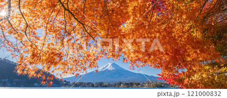「山梨県」紅葉の河口湖と富士山・秋 「山梨県」紅葉の河口湖と富士山・秋 121000832