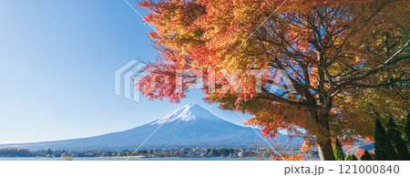 「山梨県」紅葉の河口湖と富士山・秋 121000840
