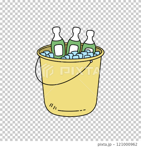 A bucket filled with ice and three bottles of soda 121000962