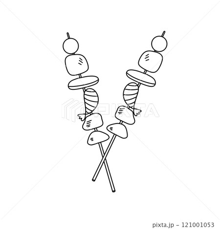 Two skewers of food with a letter V on them 121001053