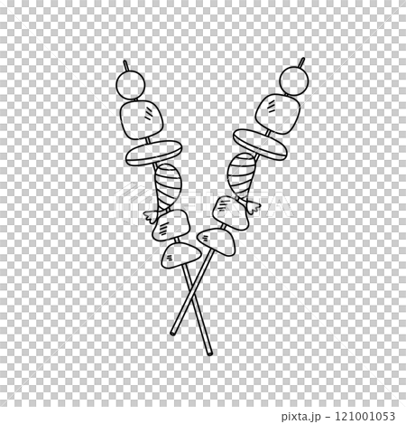 Two skewers of food with a letter V on them 121001053