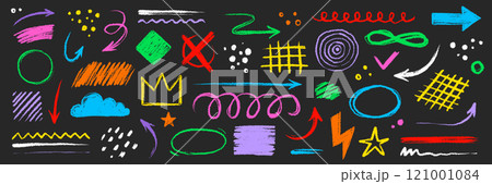 Arrow brush line color paint element shape set. Crayon abstract doodle color circle, arrow sketch hand drawn. Texture crayon brush sketch style shape background. Vector Arrow brush line color paint element shape set. Crayon abstract doodle color circle, arrow sketch hand drawn. Texture crayon brush sketch style shape background. Vector 121001084