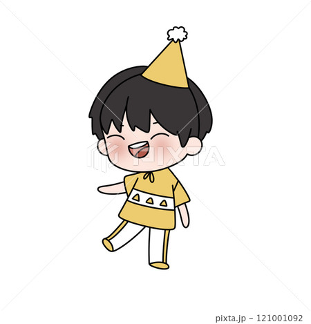 A cartoon character wearing a yellow shirt and hat is smiling 121001092
