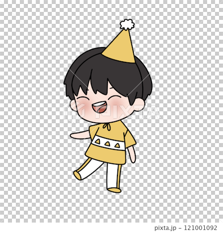 A cartoon character wearing a yellow shirt and hat is smiling 121001092
