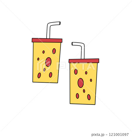 Two cartoonish yellow cups with straws in them Two cartoonish yellow cups with straws in them 121001097