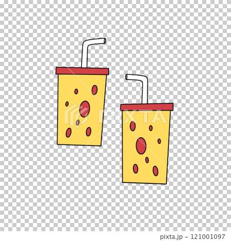 Two cartoonish yellow cups with straws in them Two cartoonish yellow cups with straws in them 121001097