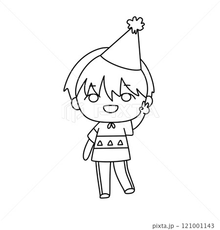 A young boy is wearing a party hat and waving 121001143