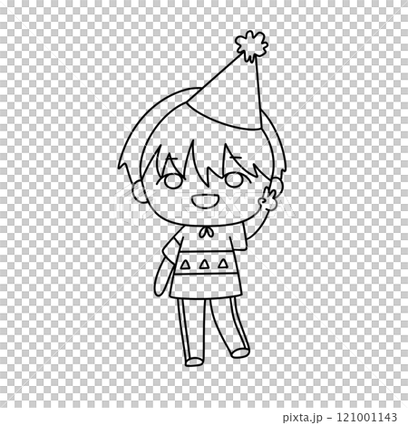 A young boy is wearing a party hat and waving 121001143