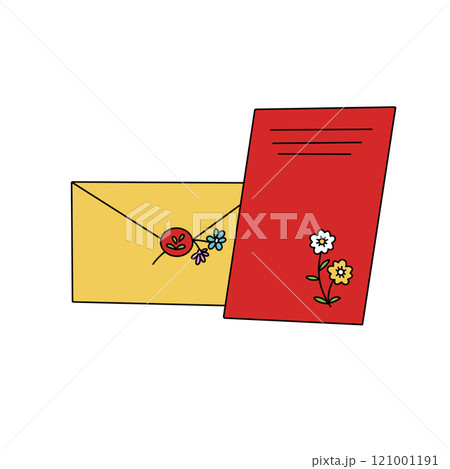 A red envelope with a flower sticker on it sits next to a yellow envelope 121001191