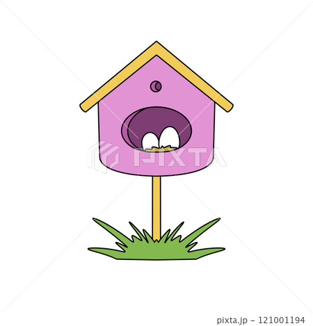 A pink birdhouse with a yellow roof 121001194