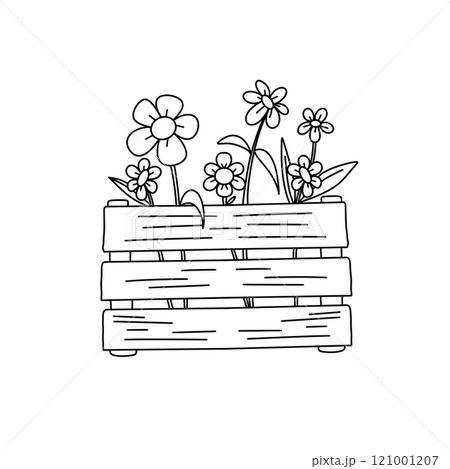 A wooden box with flowers in it 121001207