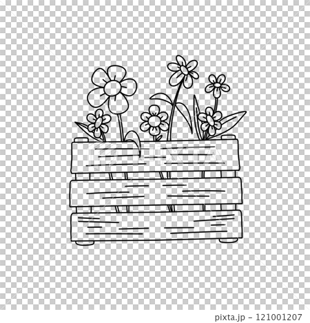 A wooden box with flowers in it 121001207