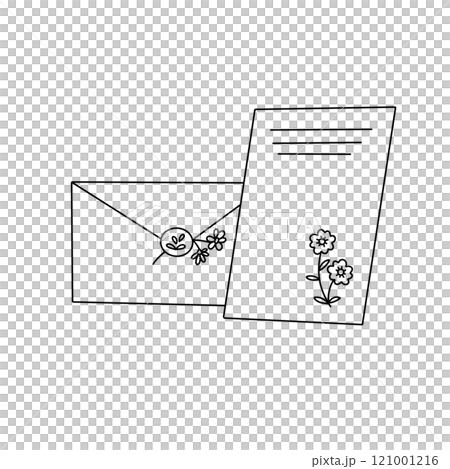 A white envelope with a flower design on it sits next to a white card with a flo 121001216