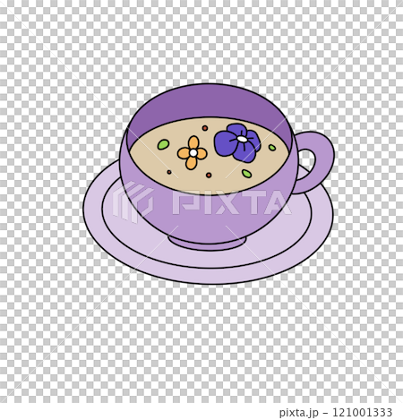 A purple cup with flowers on it sits on a white plate 121001333