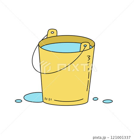 A yellow bucket with blue water in it A yellow bucket with blue water in it 121001337