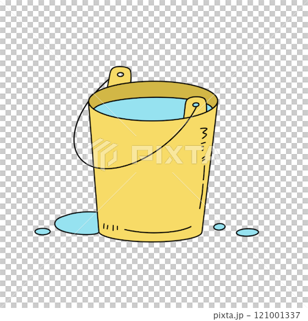 A yellow bucket with blue water in it A yellow bucket with blue water in it 121001337
