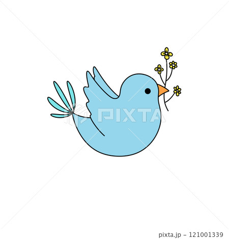 A blue bird with yellow flowers in its beak 121001339