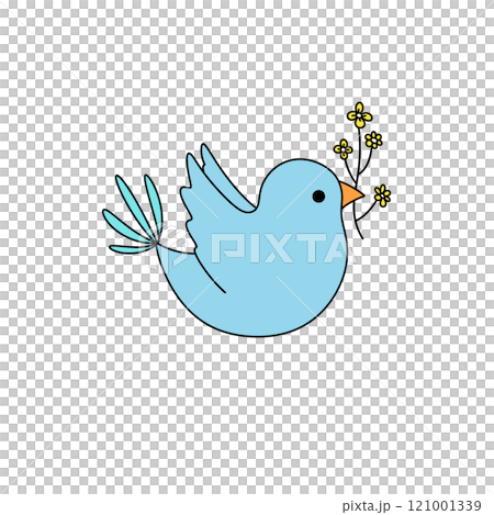 A blue bird with yellow flowers in its beak 121001339