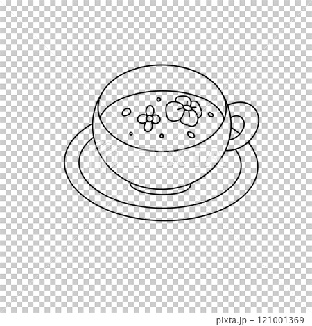 A cup with flowers in it sits on a plate 121001369