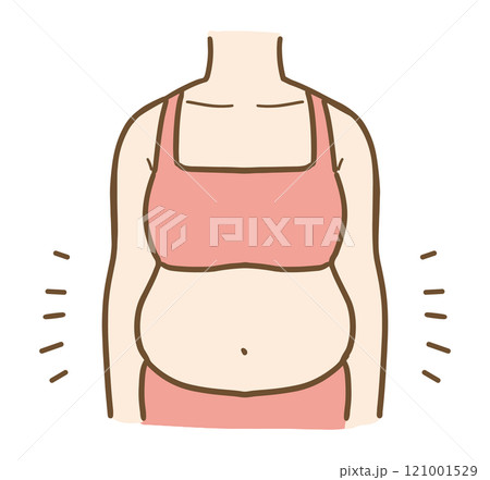 若い女性のぽっこりお腹のイラスト(上半身・顔なし)	 121001529