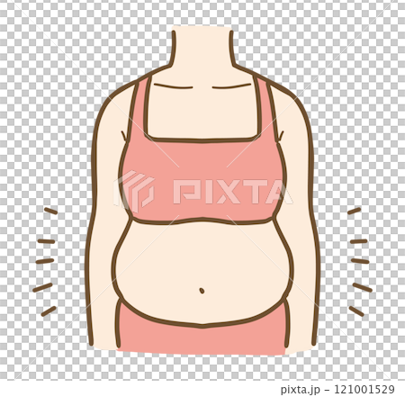 若い女性のぽっこりお腹のイラスト(上半身・顔なし)	 121001529