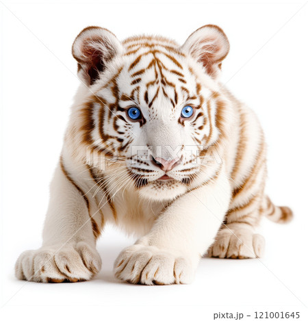 white Siberian tiger cub crouching on white background, showcasing its striking blue eyes and soft 121001645