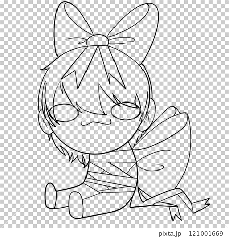 A girl with a bow on her head is sitting on the ground 121001669