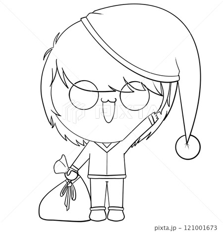 A cartoon character with glasses and a Santa hat is holding a bag A cartoon character with glasses and a Santa hat is holding a bag 121001673