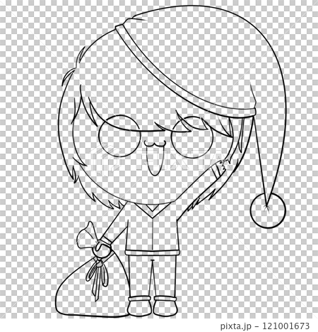 A cartoon character with glasses and a Santa hat is holding a bag A cartoon character with glasses and a Santa hat is holding a bag 121001673