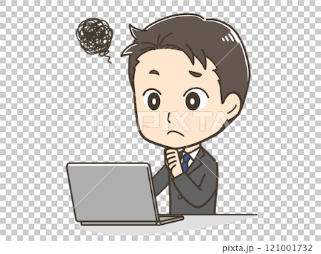 Illustration of a businessman worried in front of a personal computer 121001732