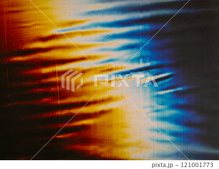 Color distortion. Old film texture. Retro overlay. Orange white blue light flare dust scratches grain noise texture creased wrinkled worn foil illustration art abstract background. Color distortion. Old film texture. Retro overlay. Orange white blue light flare dust scratches grain noise texture creased wrinkled worn foil illustration art abstract background. 121001773