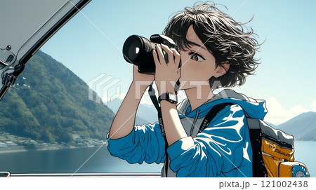 一人で撮影旅行に来ている若い女性