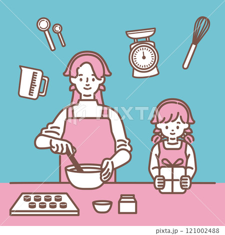 お菓子作りをするお母さんと子どものイラスト 121002488