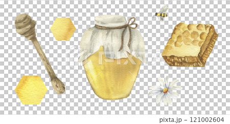 Honey food watercolor collection with honey glass jar,honeycomb slice, bee insect, wooden dipper and chamomile flowers. Hand drawn isolated elements for packing concept design. 121002604
