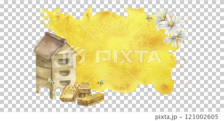 Eco beekeeping farm label template on yellow watercolor splash with beehive,honeycomb slices and chamomile flowers illustration. Hand drawn honey product packing, cafe menu, poster design 121002605