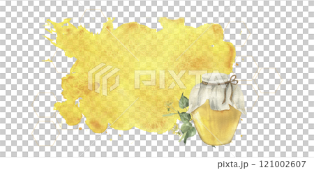 Organic honey product packing banner on watercolor yellow splash with honey jar decorated with green linden branches. Hand drawn illustration for eco farm product packing,label, logo design.Spa poster Organic honey product packing banner on watercolor yellow splash with honey jar decorated with green linden branches. Hand drawn illustration for eco farm product packing,label, logo design.Spa poster 121002607
