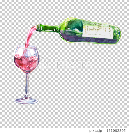 Watercolor illustration of red wine being poured into a glass 121002895