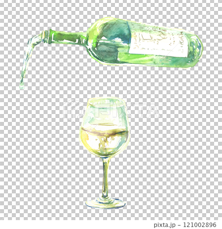 Watercolor illustration of white wine and a glass 121002896