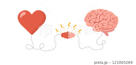 Heart and Brain Balance. Control feeling and emotion concept. Heart feeling connected with logical thinking brain. Vector illustration in flat cartoon style 121003269
